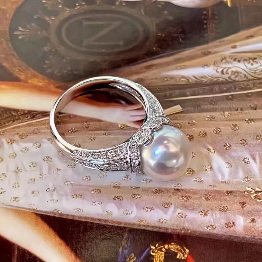 French Palace Style Pearl Copper Ring with Zirconia - Ladies